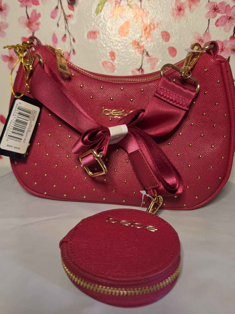 bebe Magenta Studded Shoulder Bag with Coin Pouch